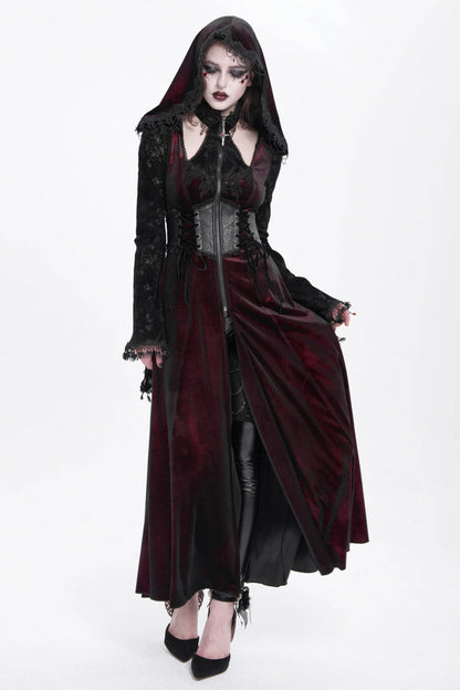 Red Long Sleeves Hollow Embroidery Hooded Ripped Women's Gothic Dress Coat