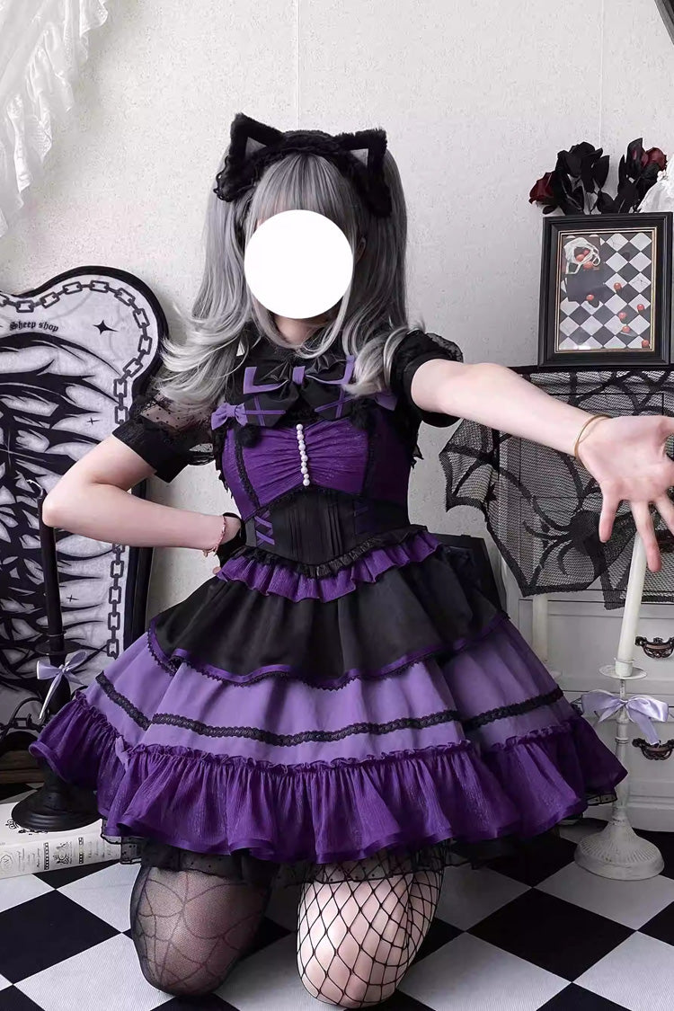 Black/Purple [Cotton Cloud] Lapel Collar Ruffle Bowknot Lace-Up Gothic Lolita Jsk Dress