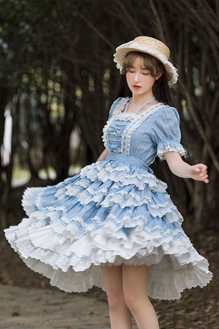 Blue Halter Lantern Short Sleeves Stitching Lace Ruffled Hanayome Sweet Lolita Op Tiered Dress