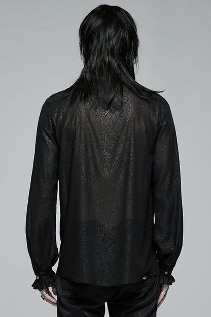 Black Stand Collar Ruffle Floral Embroidery Mens Gothic Blouse