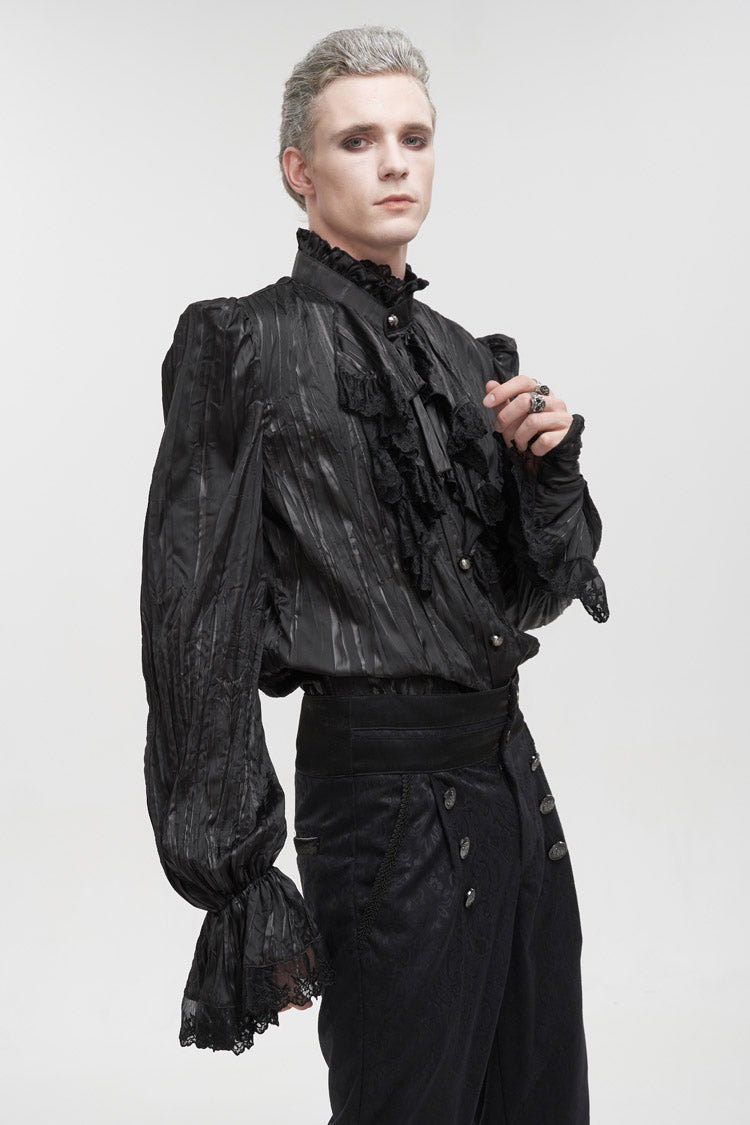 Black Vintage Stand Collar Striped Collar Floral Lace Men's Gothic Shirt