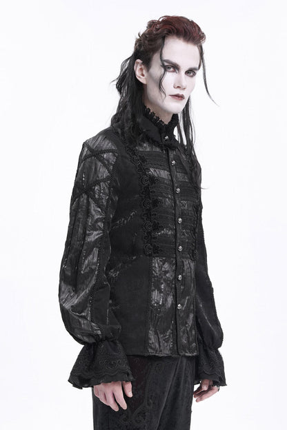 Black Stand Collar Long Sleeves Pleated Lace Crochet Men's Gothic Blouse