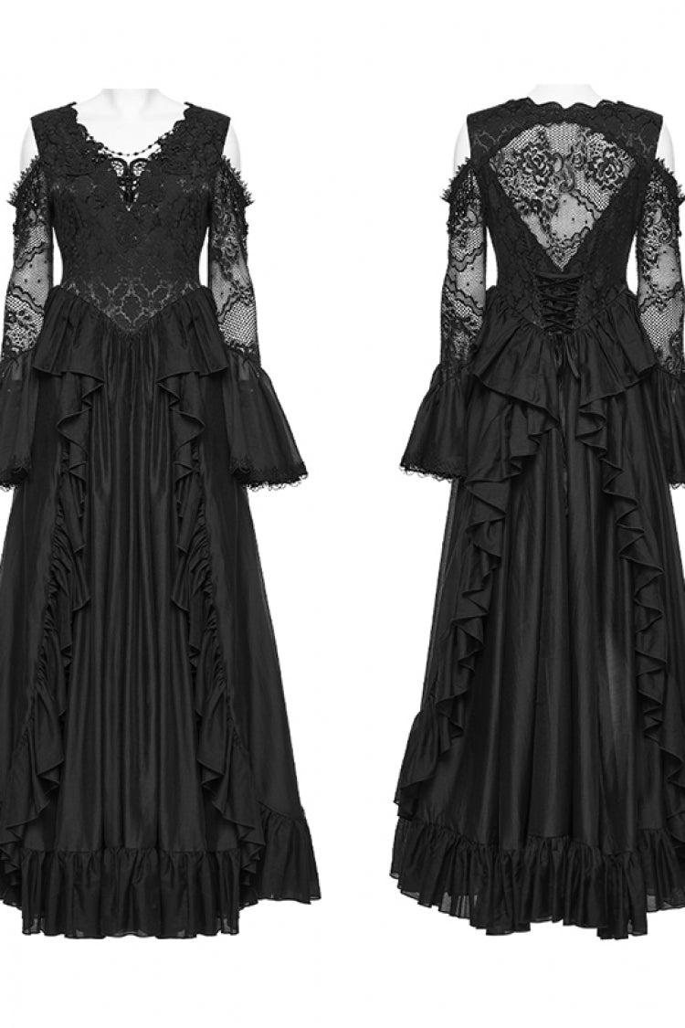 Black V Collar Long Trumpet Sleeves Double-Layered Hanayome Cut-Out Embroidered Lace Lace-Up Pearl-Decorated Pleated Women's Gothic Gorgeous Palace Dress
