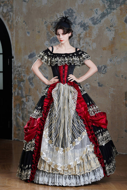 Black/Red Off Shoulder Short Sleeves Multi-Layered Ruffled Open-Front Mesh Gothic Vintage Palace Lolita Victorian Dress