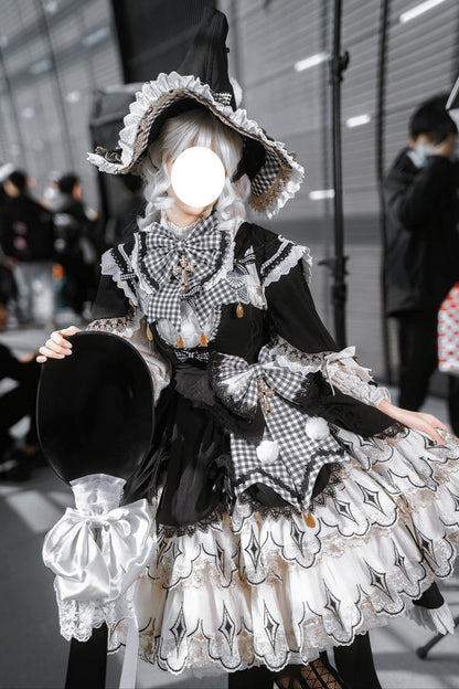 Black/White [Little Witch] Ruffle Embroidery Bowknot Gothic Lolita Jsk Dress Full Set