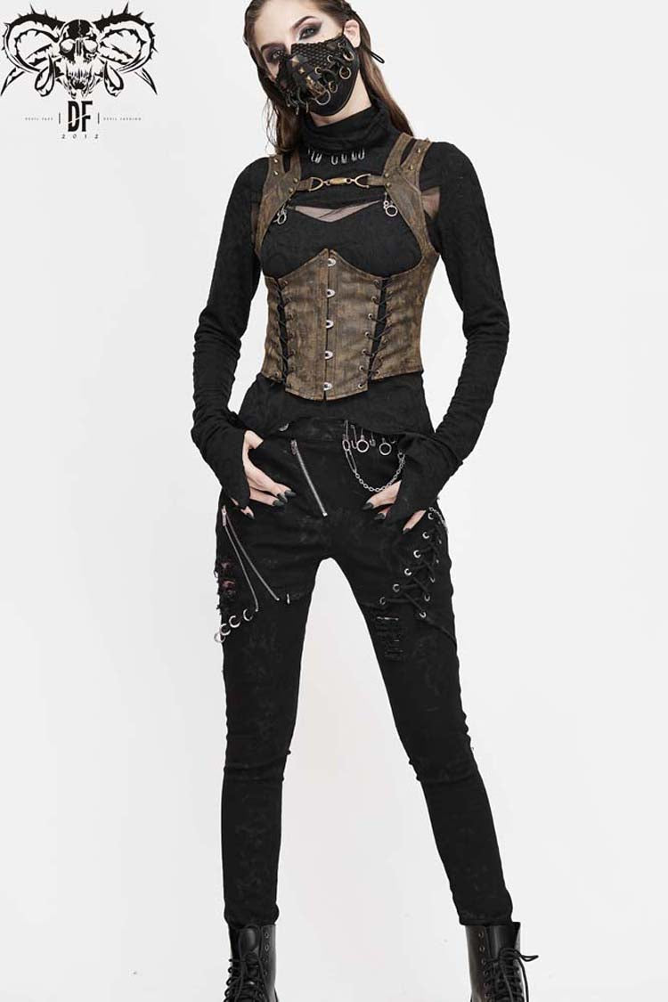 Brown Lace Up Chest Hollow Steel Buckle Rivet Strap Women's Punk Waistcoat