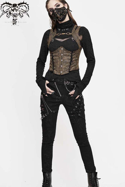 Brown Lace Up Chest Hollow Steel Buckle Rivet Strap Women's Punk Waistcoat