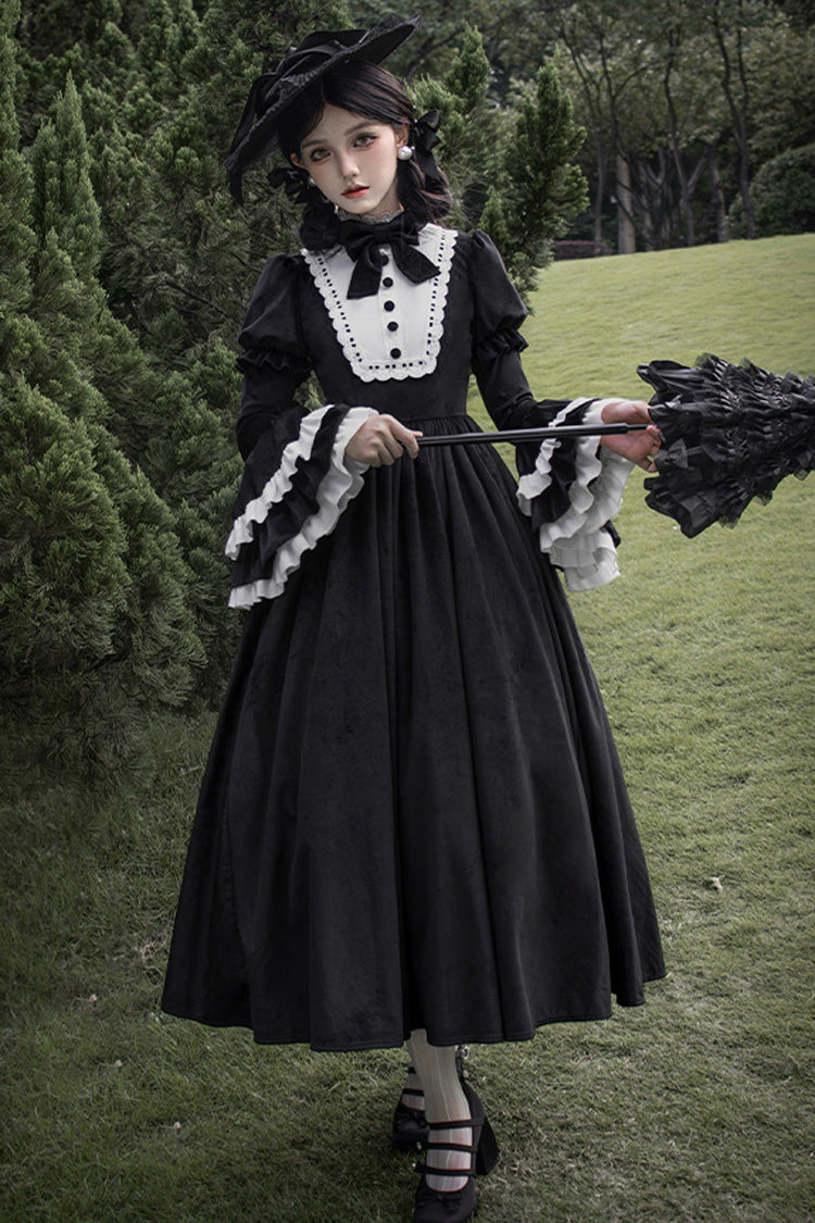 Black [Sleepless Night] Long Hime Sleeves Ruffle Bowknot Gothic Lolita Dress