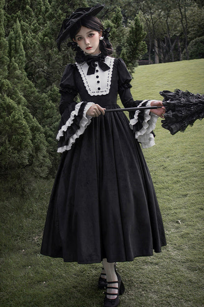 Black [Sleepless Night] Long Hime Sleeves Ruffle Bowknot Gothic Lolita Dress