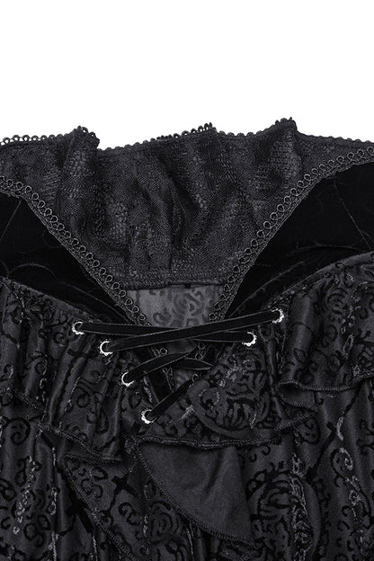 Black Stand Collar Long Sleeves Print Ruffle Men's Gothic Blouse