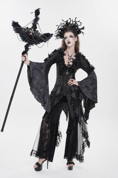 Black V Collar Long Trumpet Sleeves Printed Slim Women's Gothic Rose Feather Gorgeous Blouse