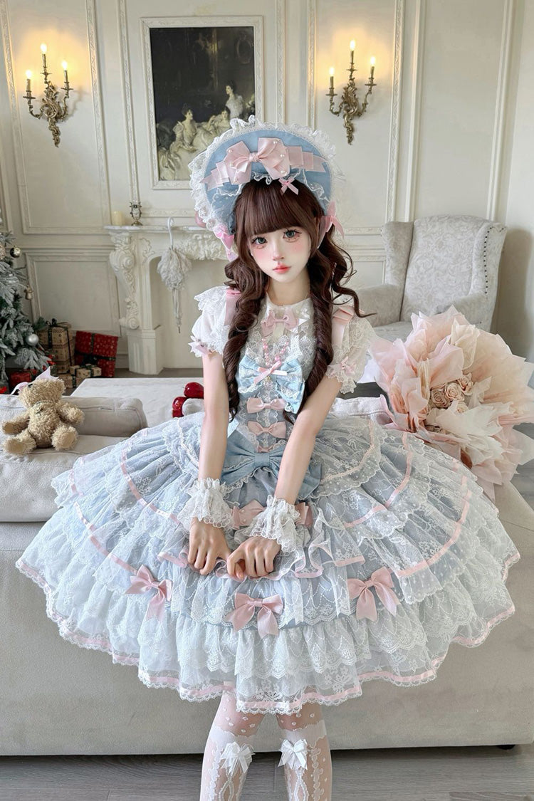 Blue [Moon-Tide Butterfly’s Call] Sleeveless Multi-Layered Ruffle Bowknot Lace Sweet Lolita Jsk Dress