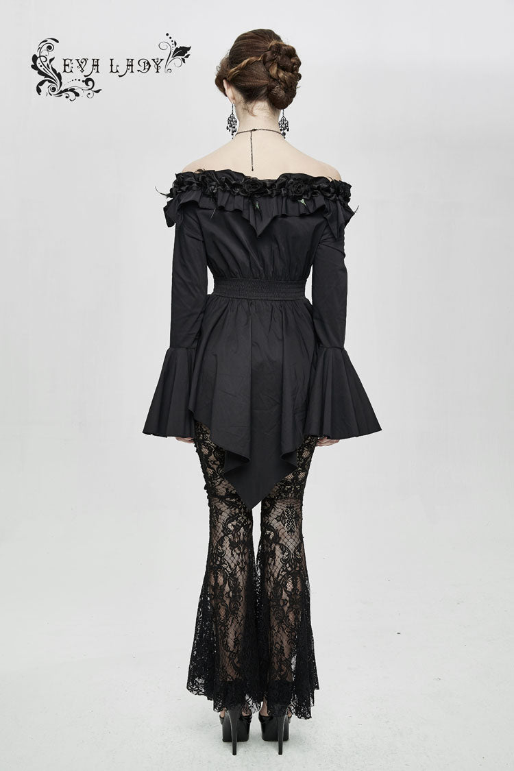 Black Rose Flowers Decoration One-Word Collar Long Sleeve Flare Cuff Women's Gothic Blouse