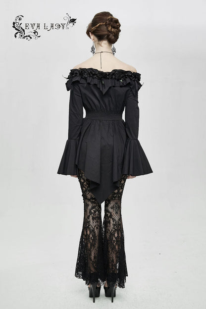 Black Rose Flowers Decoration One-Word Collar Long Sleeve Flare Cuff Women's Gothic Blouse