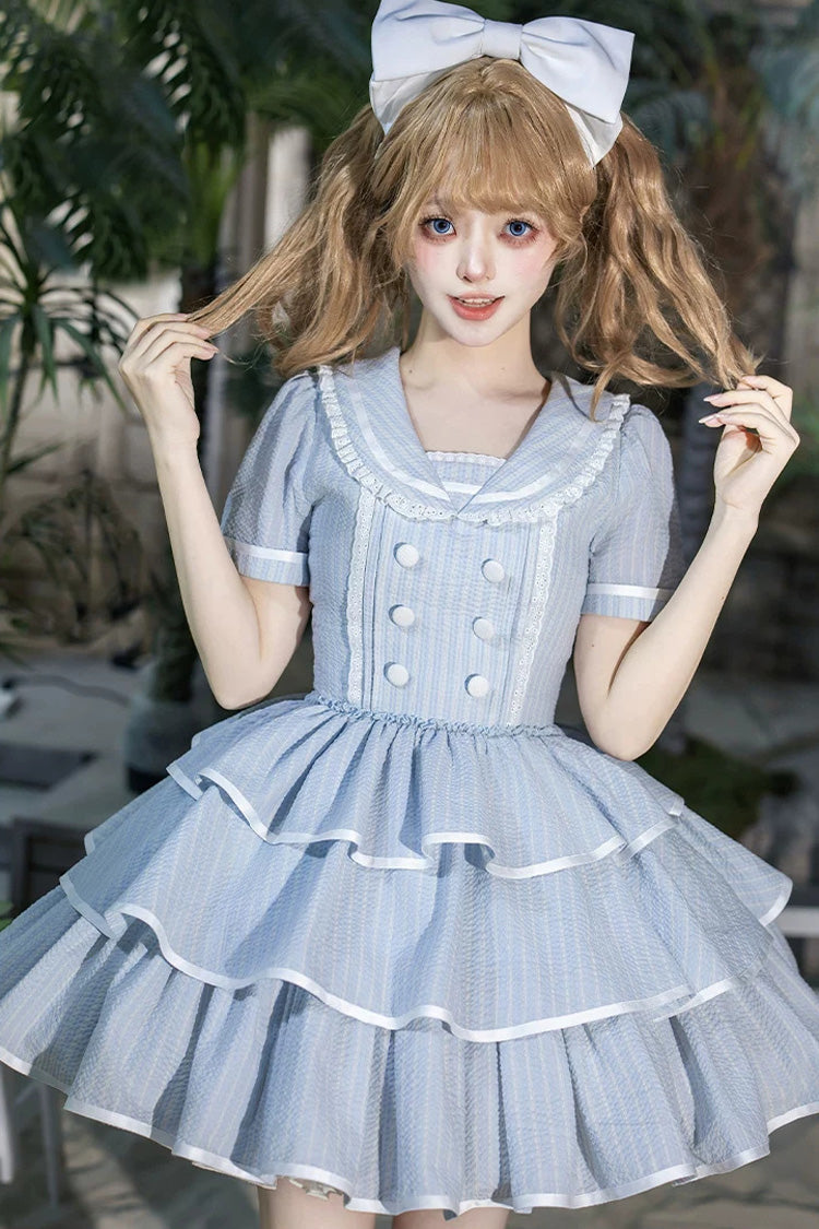Blue [Seven Day Bell] Navy Collar Short Sleeves Printed Ruffled Bow Sweet Lolita Dress 2 Versions