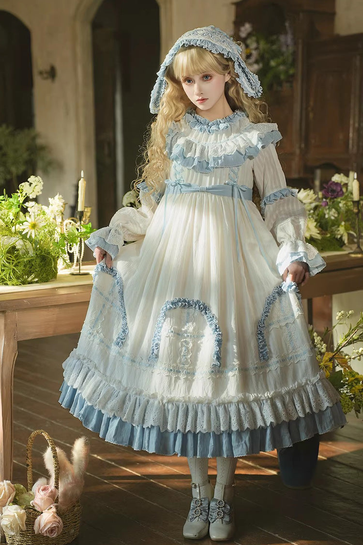 Blue [Twin Lilian] Round Collar Long Sleeves Double-Layered Ruffled Bow Lace-Up Sweet Lolita Dress