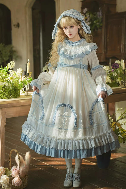 Blue [Twin Lilian] Round Collar Long Sleeves Double-Layered Ruffled Bow Lace-Up Sweet Lolita Dress