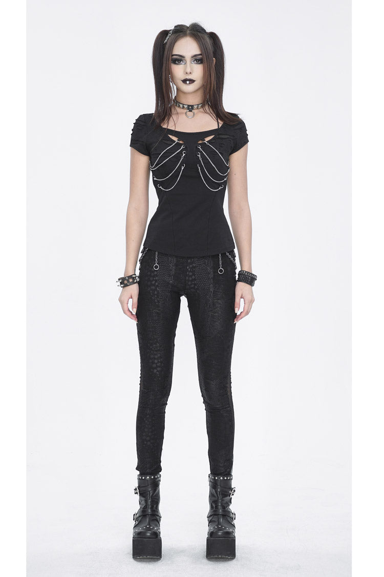 Black Short Sleeves Hollow Ripped Women's Steampunk T-Shirt