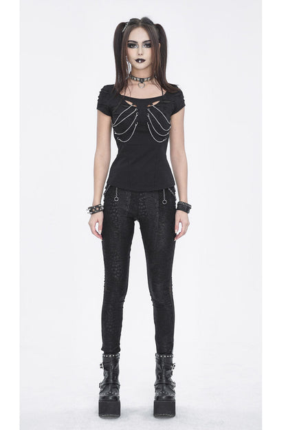 Black Short Sleeves Hollow Ripped Women's Steampunk T-Shirt