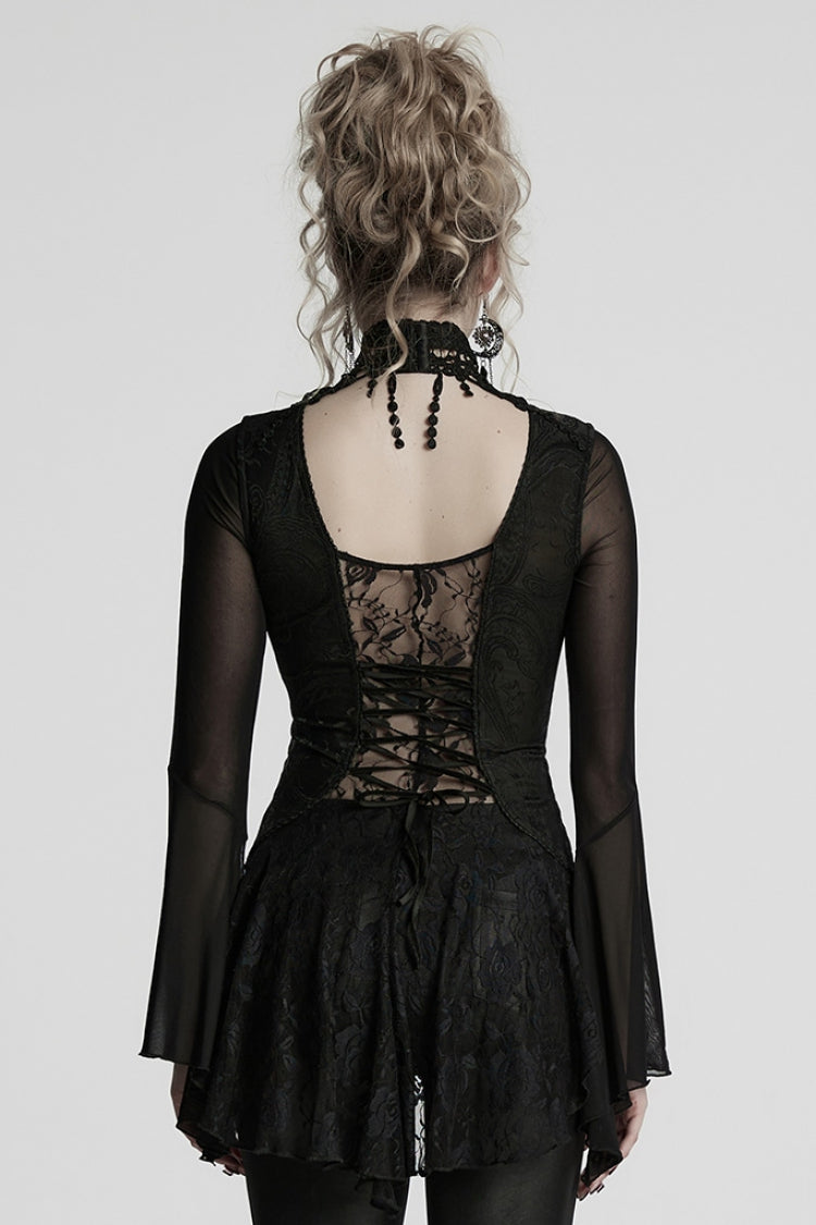 Black V Collar Embroidery Lace Lace-Up Women's Gothic Blouse