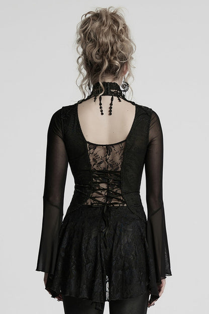 Black V Collar Embroidery Lace Lace-Up Women's Gothic Blouse