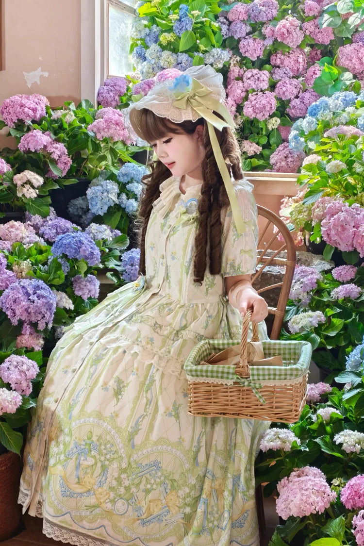 Ivory/Green [Lily of the Valley Perfume] Pearl Candy Tea Doll Collar Short Sleeves Printed Lace Plus Size Sweet Lolita OP Dress