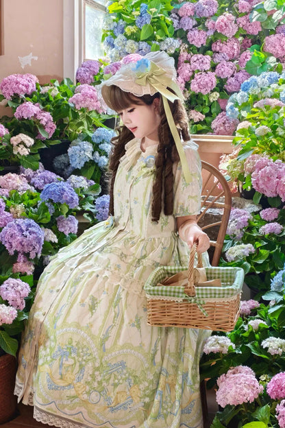 Ivory/Green [Lily of the Valley Perfume] Pearl Candy Tea Doll Collar Short Sleeves Printed Lace Plus Size Sweet Lolita OP Dress