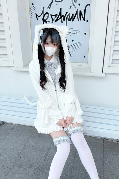 White Long Sleeves Cat Ears and Tail  Ruffle Bowknot Hooded Gothic Jirai Kei Coat