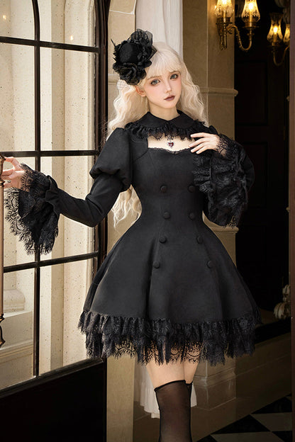 Black [Midnight Whisper] Double-breasted Short Sleeves Hollow Gothic Lolita Dress