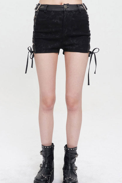 Black Punk Adjustable Grommets On Both Sides Side Straps Hollow Out Women's Shorts