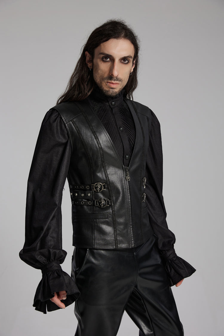 Black V Collar Sleeveless Buckle-up Zip Men's Gothic Vest