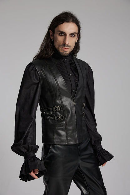 Black V Collar Sleeveless Buckle-up Zip Men's Gothic Vest