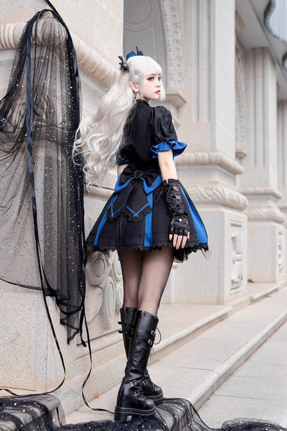 Black/Blue [Night Liana] Ruffle Bowknot Lace-Up Sweet Japanese Lolita Jumper Dress Set