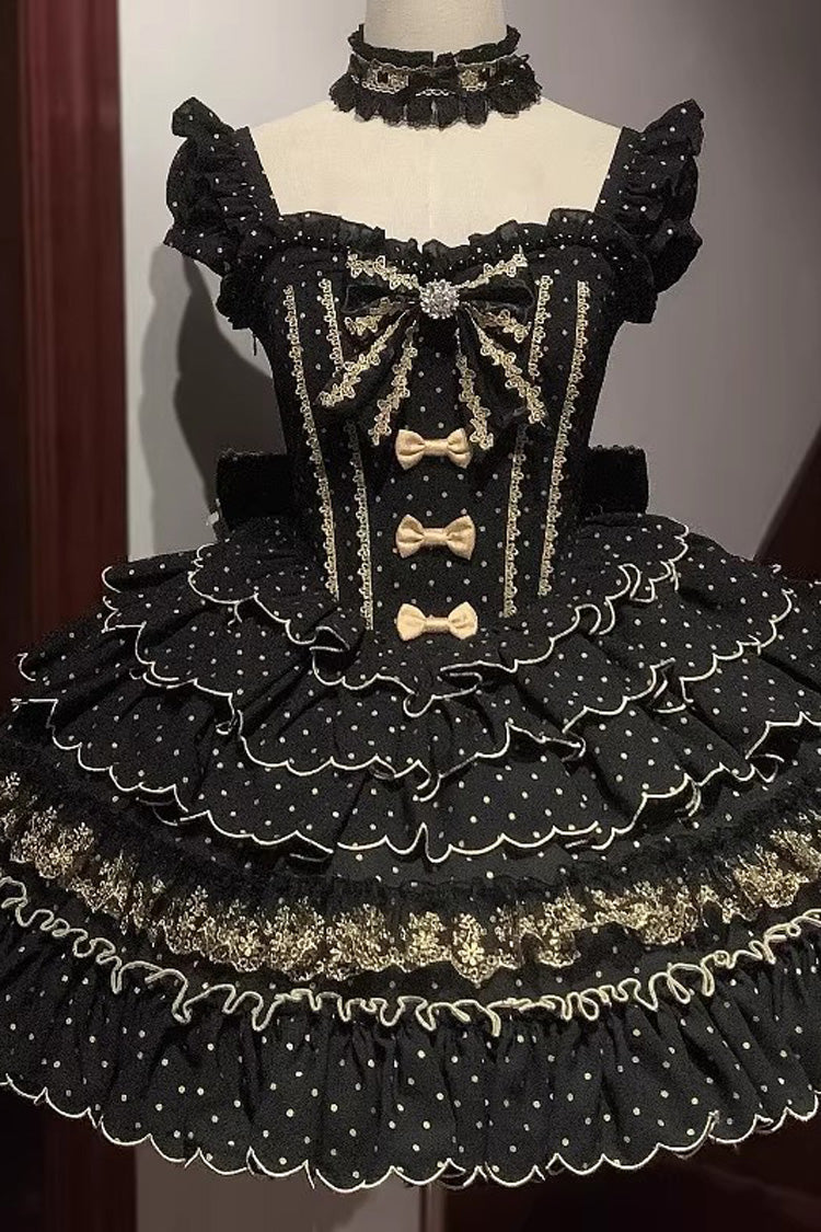 Black Sleeveless Multi-Layered Polka Dots Printed Ruffled Bow Sweet Princess Lolita Jsk Dress