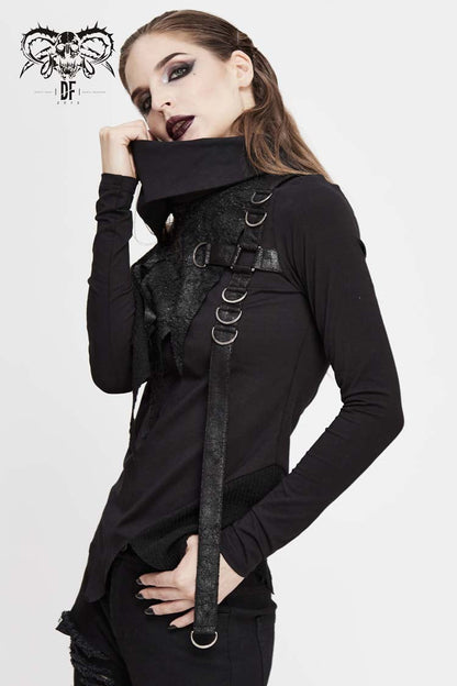 Black Worn Out Cross Shaped Hasp Long Sleeve High Collar Asymmetric Hem Women's Punk T-Shirt