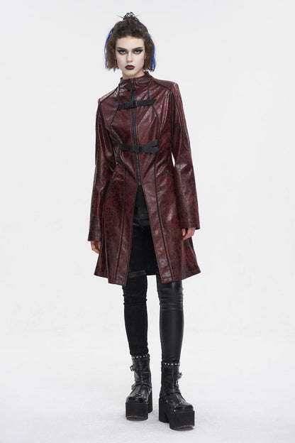 Red Double Buckle Faux Leather Long Women's Punk Coat