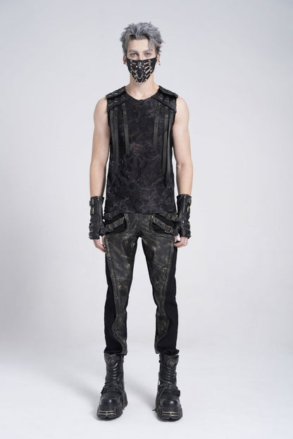 Black Sleeveless Eyelet Strap Distressed Men's Gothic Vest