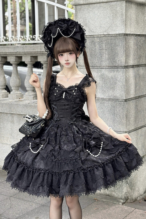 Black [Rose Princess] Sleeveless Ruffle Bowknot Lace Lace-Up Gothic Ballet Lolita Jsk Dress
