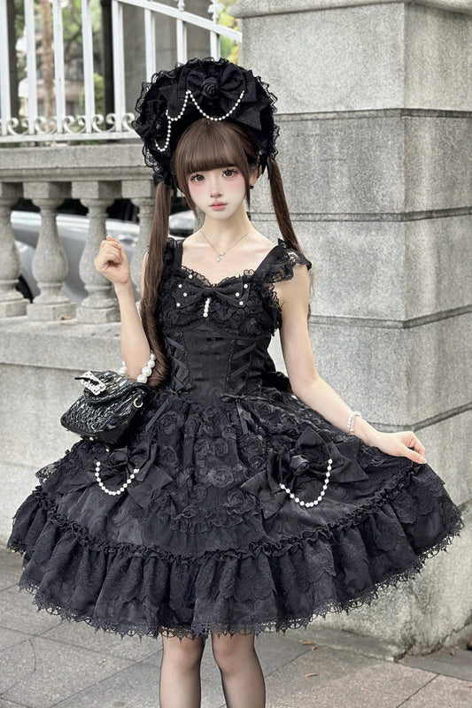 Black [Rose Princess] Sleeveless Ruffle Bowknot Lace Lace-Up Gothic Ballet Lolita Jsk Dress