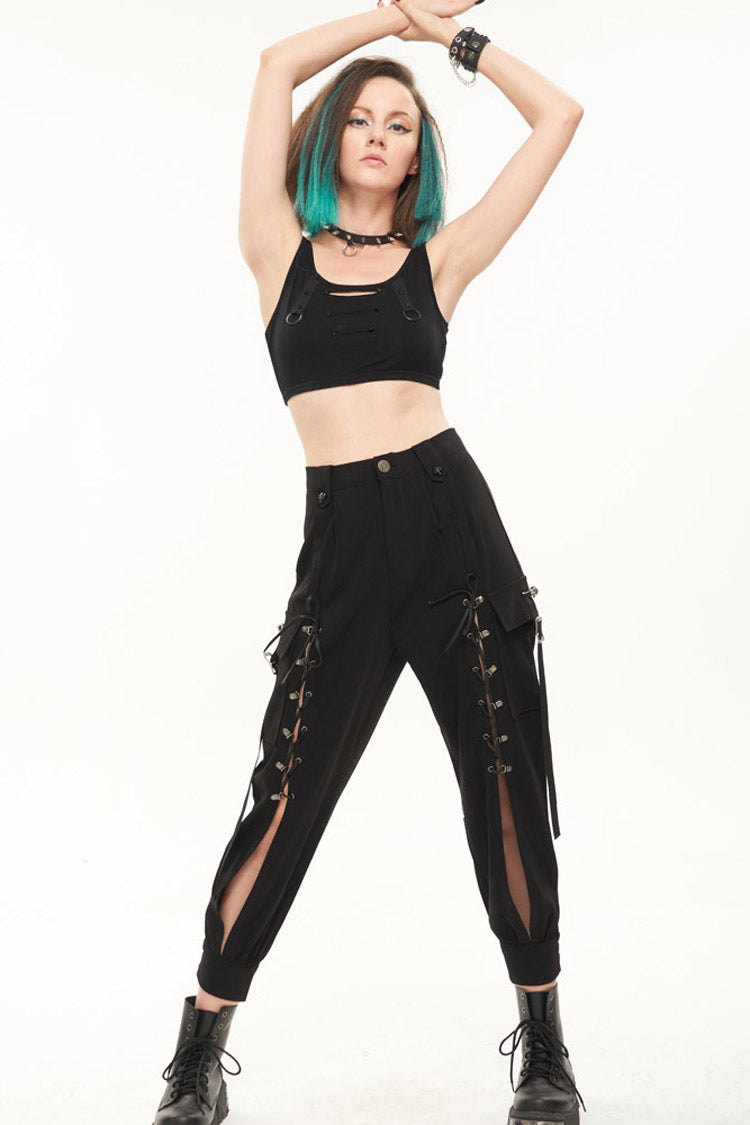 Black Punk Multi Pocket Skull Head Decoration Trouser Leg Opening Tie Women's Long Pants