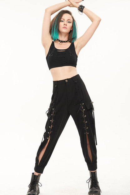 Black Punk Multi Pocket Skull Head Decoration Trouser Leg Opening Tie Women's Long Pants