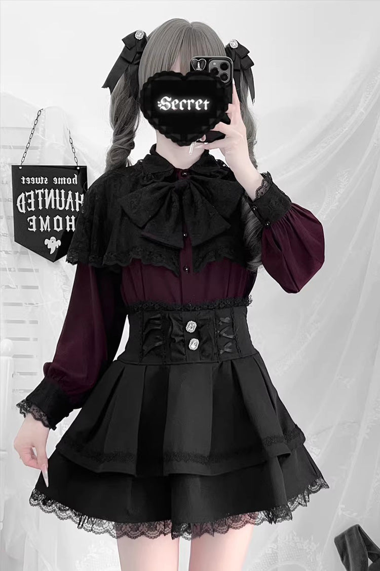 [Dark Moon Shadow] Long Sleeves Double-Layered Ruffled Embroidered Bow Lace-Up Gothic Jirai Kei Lolita Top + Skirt Set