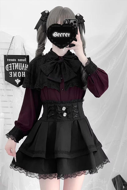 [Dark Moon Shadow] Long Sleeves Double-Layered Ruffled Embroidered Bow Lace-Up Gothic Jirai Kei Lolita Top + Skirt Set
