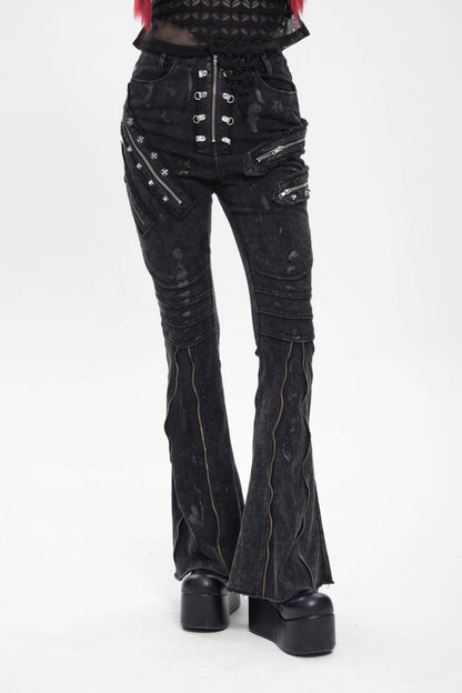 Black Zipper Pleated Women's Punk Flared Pants