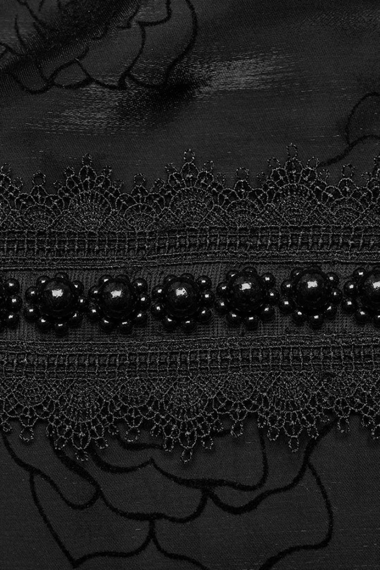 Black Stand Collar Long Lantern Sleeves Rose Print Hook-Button Womens Gothic Blouse