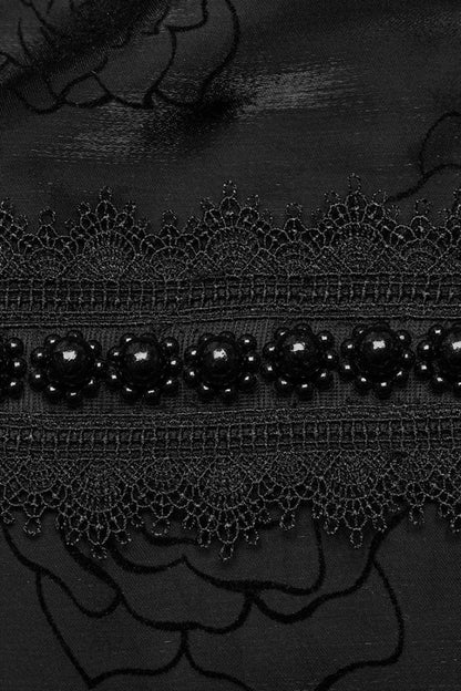 Black Stand Collar Long Lantern Sleeves Rose Print Hook-Button Womens Gothic Blouse
