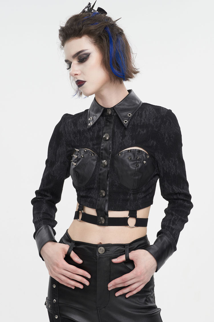 Black Turn Down Collar Cutout Long Sleeves Studded Women's Punk Shirt