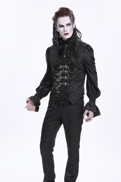 Black Sleeveless Jacquard Chain Buckle-up Men's Gothic Vest
