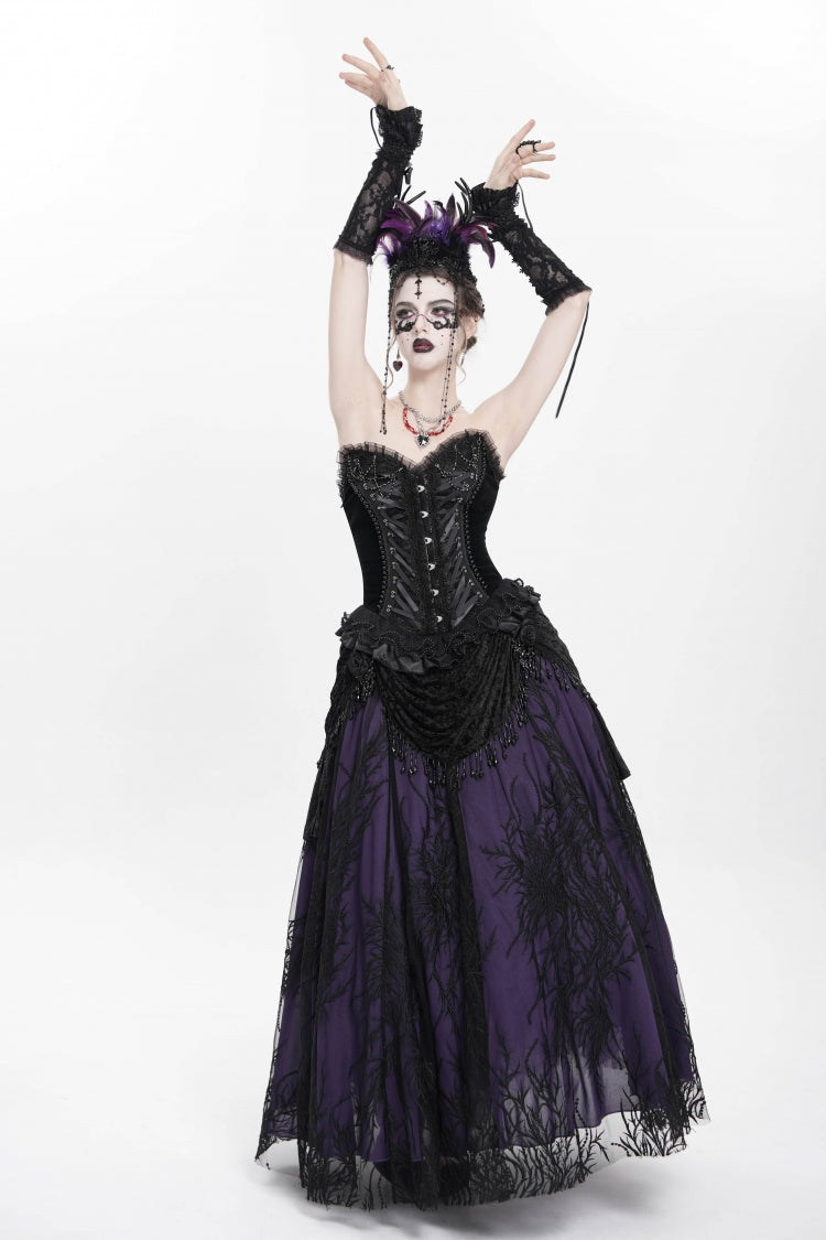 Black Sleeveless Beaded Lace Lace-Up Women's Gothic Overbust Corset