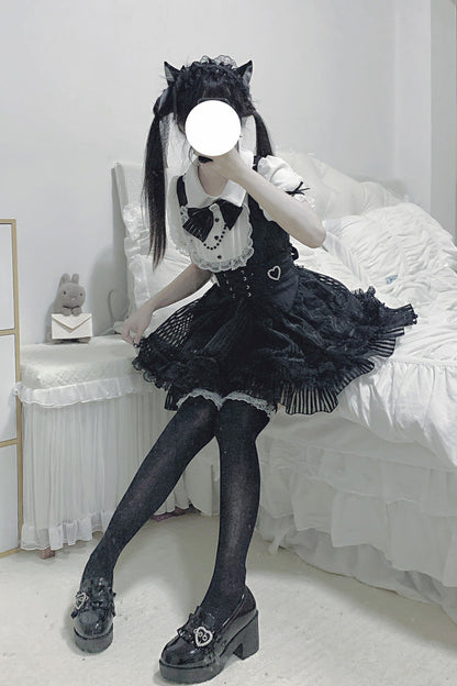 Black/White [Dream Night Song] Short Sleeves Stripe Print Bowknot Lace Gothic Jirai Kei Dress